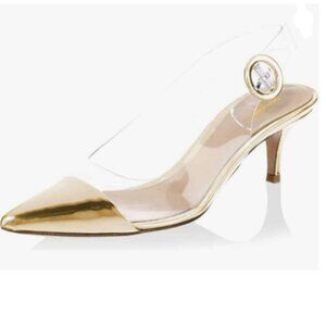 XYD Gold Transparent Slingback Kitten Heels Pumps Pointed Toe PVC Dress Sandals